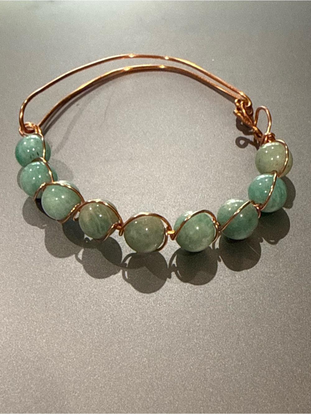 Artisan Natural Amazonite Bead Copper Wire Wrapped Bracelet Bangle Blue Green